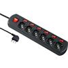 Electraline 62051 Multipresa 6 Posti Polivalenti Generale, 6 Interruttori Indipendenti, 6 Prese Universali, Cavo di 1.5 m, Nero