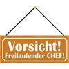 Schatzmix Blechschild Vorsicht Freilaufender Chef Metallschild 27x10cm Deko mit Kordel Targa di Metallo da Parete, Lamiera, Multicolore, 27x10 cm