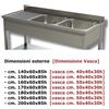 Ristotecno Lavatoio Lavello su gambe a 2 vasche + sgocciolatoio laterale. Prof. 60 - 150x60x85H - SENZA ruote - Sgocciolatoio SINISTRO - AISI 304
