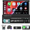 Podofo Autoradio 1 Din con Apple Carplay e Android Auto Stereo, 7 Pollici da Flip Out Schermo Auto Radio con Bluetooth, FM, AUX, USB,SWC, Collegamento Speculare + Telecamera di Backup