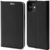 Moozy Custodia a Libro per iPhone 12, iPhone 12 PRO, Carbonio Nera - Protezione dei Bordi Metallici Flip Cover Portafoglio con Appoggio e Porta Carte