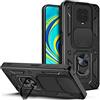 NC LOCLOUD Cover per Xiaomi Redmi Note 9S/9 Pro, Custodia con Scorrevole Fotocamera Proteggi Supporto di Anello Rotante Hard PC Back Cover e TPU Bumper Antiscivolo AntiGraffio Antiurto Case - Nero