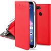Moozy Cover per Huawei P Smart, Rosso - Custodia a Libro Flip Smart Magnetica con Appoggio e Porta Carte
