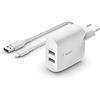 Belkin Boost Charge Doppio caricabatteria da parete USB-A 24 W con cavo USB-A/Lightning (per iPhone 13, 13 Pro, 13 Pro Max, 13 mini e versioni precedenti, iPad, AirPods ecc)