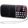 PRUNUS J-189 Mini Radio Portatili FM, Radio Portatile Ricaricabile con Funzione Bluetooth, Radio Digitale con Eccellente Ricezione, Supporto Micro TF Card/USB/AUX, con Torcia di Emergenza(Rosso)
