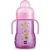 MAM Trainer Night 220 ml, Biberon acqua 4+ mesi con manici che si illuminano al buio, Borraccia neonato con tettarella antigoccia e beccucio extra-morbido, Accessori neonato antiscivolo, Rosa
