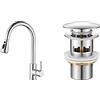 Ibergrif M22136 Rubinetto Per Cucina Con Doccetta Estraibile, Miscelatore Monocomando Per Lavello &, Scarico Lavabo Bagno Universale Pop Up 1/4 '', Valvola Piletta Lavandino Click Clack