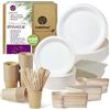 GoBeTree Stoviglie usa e getta 400 pezzi per 25 persone. Stoviglie ecologiche in canna da zucchero. Include 100 piatti 150 posate di legno, 50 bicchieri di carta kraft con 50 cannucce e 50 tovaglioli.