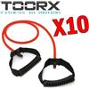 TOORX KIT SUPER RISPARMIO TOORX con 10 Tubi elastici con maniglie resistenza light, colore rosso - Lunghezza 120 cm