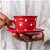 City to Cottage® Tazza con Piattino Rosso e Bianco | Fantasia con Puntini a Pois | Realizzata e Dipinta a Mano | Ceramica da 250ml | Tazzina da Caffè, Cappuccino e Tè con Piattino | Regalo