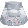 SELONIS Tenda 105X90cm/200 Palline Castello con Palline Colorate per Bambini, Grigio:Perla/Grigio/Trasparente/Rosa Chiaro