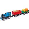 Hape Treno merci a batteria - Locomotiva giocattolo con due vagoni dotati di luci, effetti e giunti magnetici compatibili per gioco a tema ferrovia dai 3 anni