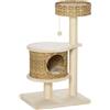 PawHut Albero Tiragraffi per Gatti Adulti e Gattini da 95cm, Cuccia e Casetta per Gatti in Rattan e Pali in Sisal, Pallina e Rivestimento Peluche