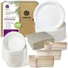 GoBeTree Stoviglie Usa e Getta 300 Pz 50 Persone con Piatti e Ciotole | Set Menù Completo: 50 Piatti da 23 cm e 50 Ciotole da 500 ml di Canna da Zucchero, 150 Posate di Legno e Tovaglioli