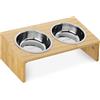 Navaris Set 2X Ciotole Gatto Cane - 2X Scodella Metallo 400ml - Base Rialzata in bambù - Ciotola Rialzata Supporto Legno per Cibo Acqua Croccantini
