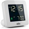 Braun Orologio Sveglia Digitale Funzione Snooze, Display LCD Negativo, Funzione Quick Set, Suono Sveglia Beep con crescendo, in Bianco, modello BC09W.