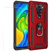 Joytag Compatibile per coverXiaomi Redmi Note 9，Custodia + Vetro temperato Silicone TPU 360 Grado Anello Girevole Magnetico Supporto Cassa del Telefono dell'auto Case-Rosso