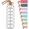 Cleesmil Bottiglia d'Acqua in Vetro, Borraccia Sportiva in Vetro con Coperchio di Bambù 1000 ml (Bianca)