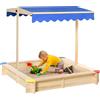 Outsunny Sabbiera per Bambini in Legno con Panca e Tettuccio Parasole Regolabile, 120x120x120cm, Colore Legno e Blu|Aosom