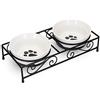 Navaris Set di 2 Ciotole Cane Gatto Acciaio - 2X 320ml in Ceramica con Sostegno in Metallo in Stile Ferro battuto Design Zampa - Scodelle Cibo Acqua