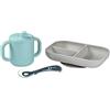 Béaba, Set Pasti per Bambini in Silicone, 3 Pezzi, Piatto Diviso + Tazza + Cucchiaio, Silicone Sano e Durevole, Lavabile in Lavastoviglie, Adatto a Microonde, Blu