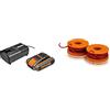 Worx Wa3601 Kit 1 Carica Batteria Rapido + 1 Batteria Power Share 20V/2.0Ah Agli Ioni Di Litio & Wa0004.1-2 Rocchetti Filo Da 3Mt. X 1,65Mm Ricambio Per Decespugliatori Wg163/169/157E