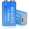 REACELL 2X 800mAh Batterie 9V Ricaricabili USB 1,5 ore Ricarica Rapida Batteria 9V per Detector di Fumo, Microfoni, Giocattoli Elettronici