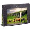 Ulmer Puzzleschmiede - Puzzle 'Islandesi' da 1000 Pezzi - Cavalli e Paesaggio Con Cascata Seljalandsfoss in Islanda - Animali e Natura