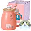 SHENDONG Tazza di gatto carino in ceramica con coperchio e cucchiaio in legno, Kawaii Tazza del mattino della novità Tazze da tè, latte per amanti dei gatti Donne rosa