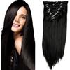S-noilite Set 8pcs Clip in Hair Extensions Extension Clip Capelli Veri Testa Piena 18Clips Parrucchino 66cm Dritto Nero naturale