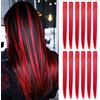 Fcysws 12 pezzi estensioni dei capelli colorati 21 pollici parrucca sintetica resistente al calore capelli lisci parrucchino donne ragazze regalo del partito (rosso)