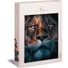 Ulmer Puzzleschmiede - Puzzle con leone Fuoco e acqua - Puzzle da 1000 pezzi per adulti - Il potente leone in acqua con occhi luminosi in scena creativo e moderno - Made in Germany