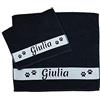 MAGIE DI CASA Asciugamani PERSONALIZZATI CON NOME, Set 2 Pezzi Spugna da Bagno Spugna, Viso + Ospite Cotone 100% Made in Italy (NERO, ZAMPE)