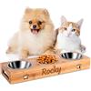 OXYEFEI Ciotola Per Gatti/Cani Personalizzata Con Personalizzazione Nome, Mangiatoia in Bambù Con 2 Ciotole, Viene Fornita Con un Pad in Silicone Antiscivolo, Facile Da Pulire (Stile 3)