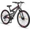 Licorne Bike Strong 2D Premium Mountain Bike, Bicicletta per ragazzi, ragazze, donne e uomini - Freno a disco anteriore e posteriore - 21 marce - Sospensione completa (nero/rosso, 29.00)