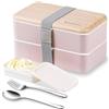 Binoster Lunchbox portapranzo Scatole bento box contenitore originale divisore bundle stile giapponese con cucchiaio e forchetta in acciaio inox(Rosa)