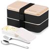 Binoster Lunchbox portapranzo Scatole bento box contenitore originale divisore bundle stile giapponese con cucchiaio e forchetta in acciaio inox (Nero)
