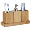 Relaxdays Set Accessori da Bagno, Porta Spazzolini e Portasapone 4 Parti Bambù, Contenitori da Lavandino, Marrone Chiaro