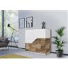 Dmora - Credenza Domenico, Madia da cucina a 2 ante geometriche, Buffet da soggiorno, Madia da cucina, 100% Made in Italy, cm 79x43h86, Bianco lucido e Acero