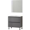 Baikal Set mobile da bagno con lavabo e specchio, con gambe, in varie finiture, melammina 16. Anta + Cassetto 80 cm Cenere