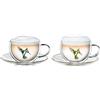 Creano 2 Tazze con piattini Termici Doppia Parete 250ml con Motivo Colibrì - Bicchiere Vetro Borosilicato Stampa Uccello blu e verde - Coppa Termica Latte Macchiato Ideale Regalo - 2x 250ml