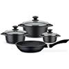 GSW Set di pentole e padelle Gourmet Granit - Set di pentole e padella di alta qualità con coperchio, anche per induzione e forno, in alluminio pressofuso, 7 pezzi, nero