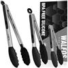 Walfos® Pinze da cucina resistenti al calore (480°F) Set di 3 pinze da cucina in acciaio inox e silicone senza BPA, ideali per cucinare, grigliare, 18 cm, 23 cm e 30,5 cm (3 pinze in silicone nero)