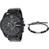 Diesel Uomo Mega Chief Chronograph, 59 mm, Orologio in Acciaio Inossidabile + Diesel Uomo Beads Bracciale Semi - Prezioso con Chiusura Scorrevole