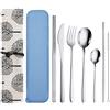 QLFJ-FurDec Set 9 Pezzi di Posate Portatili con Custodia, QLFJ-FurDec Utensili da Viaggio Riutilizzabili in Acciaio Inossidabile con Coltello, Forchetta, Cucchiaio, Bacchette, Spazzole, Cannucce, Custodia
