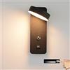 JZCDR Aplique LED Da Parete Interni Classico con Interruttore Lampada Camera Da Letto Muro da Lettura Dimmerabile Lampada Parete Ruotabile USB Port, 9W Luce da Comodino Parete Cameretta Hotel,Nero,3000K