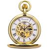TREEWETO Orologio da tasca argento/oro con cassa liscia quadrante scheletrato movimento meccanico con catena + confezione regalo, Oro, Meccanico