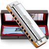 East Top 10 Holes Armonica diatonica professionale Blues Key of F con coperchio in argento, armonica Probgrade per adulti, musicisti professionisti e studenti