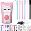 Zonon Set Cancelleria Gatto Carino, Astuccio Portapenne, 6 Penne Gel Nero | Astuccio Telescopico, 30 Graffette a Forma di Gattini, 240 Foglietti Memo, Segna Pagina Clip, Cartoleria Simpatica