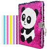 VIPbuy - Diario di viaggio reversibile con lustrini, con lucchetto e chiave, con angoli per foto, formato A5 (215 x 140 mm), 156 pagine, colore: da arcobaleno a argento (Panda Rosso Rosa)